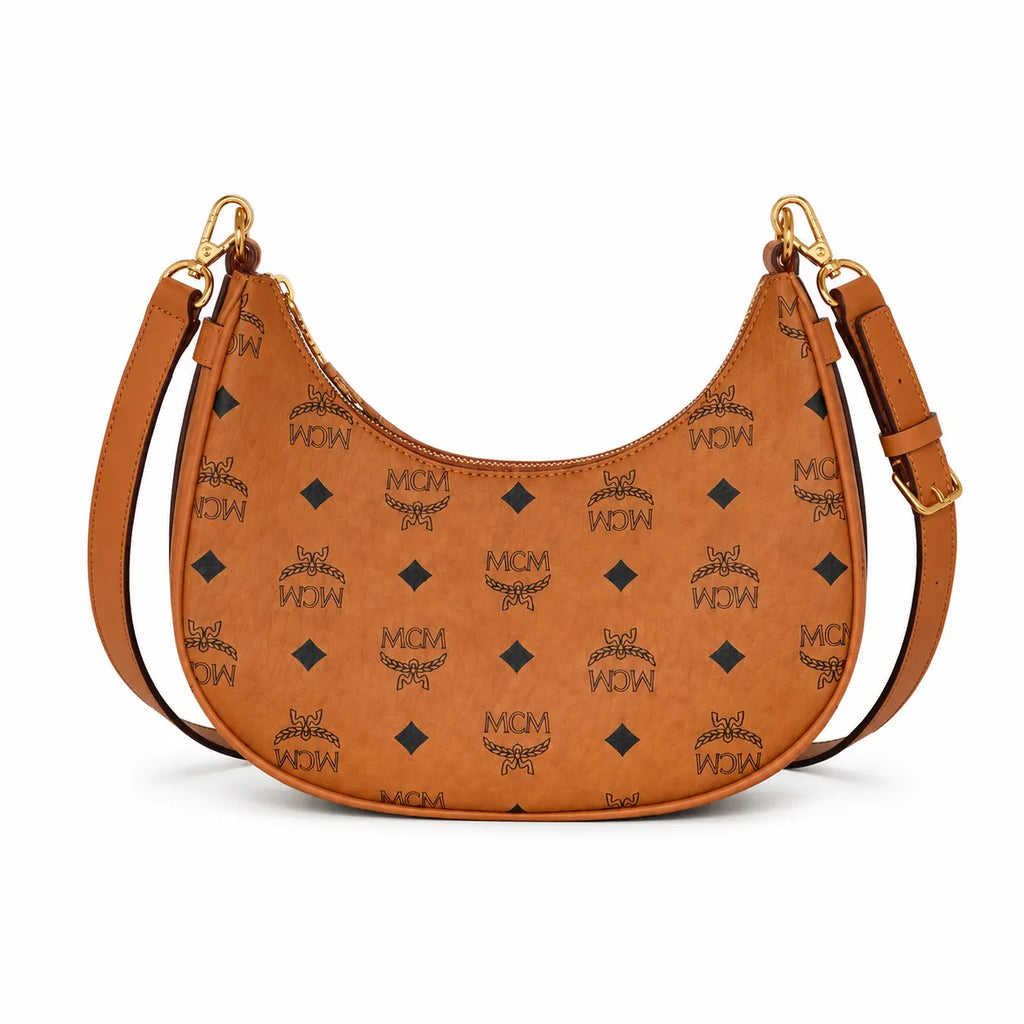 MCM Visetos Half Moon Shoulder Bag | Cognac Monogram with Chunky Gold Chain & Detachable Leather Strap