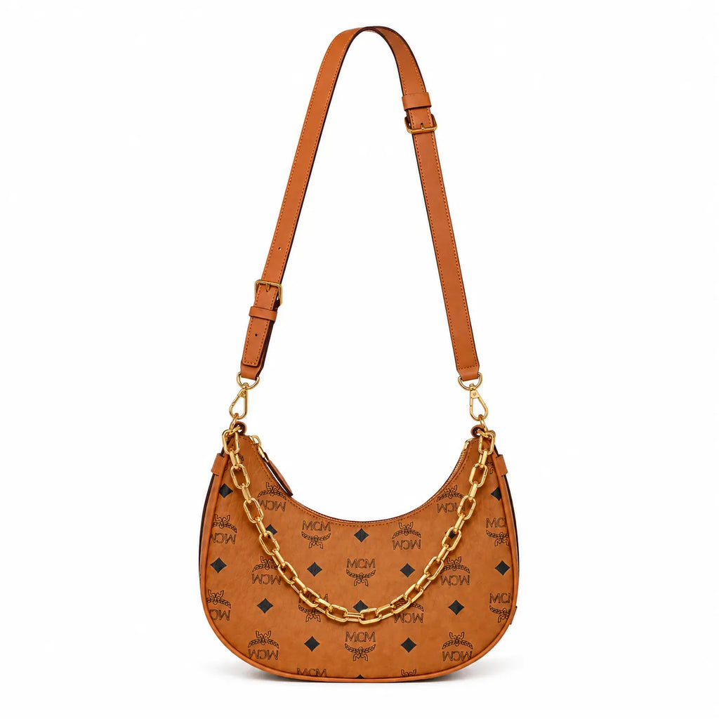 MCM Visetos Half Moon Shoulder Bag | Cognac Monogram with Chunky Gold Chain & Detachable Leather Strap