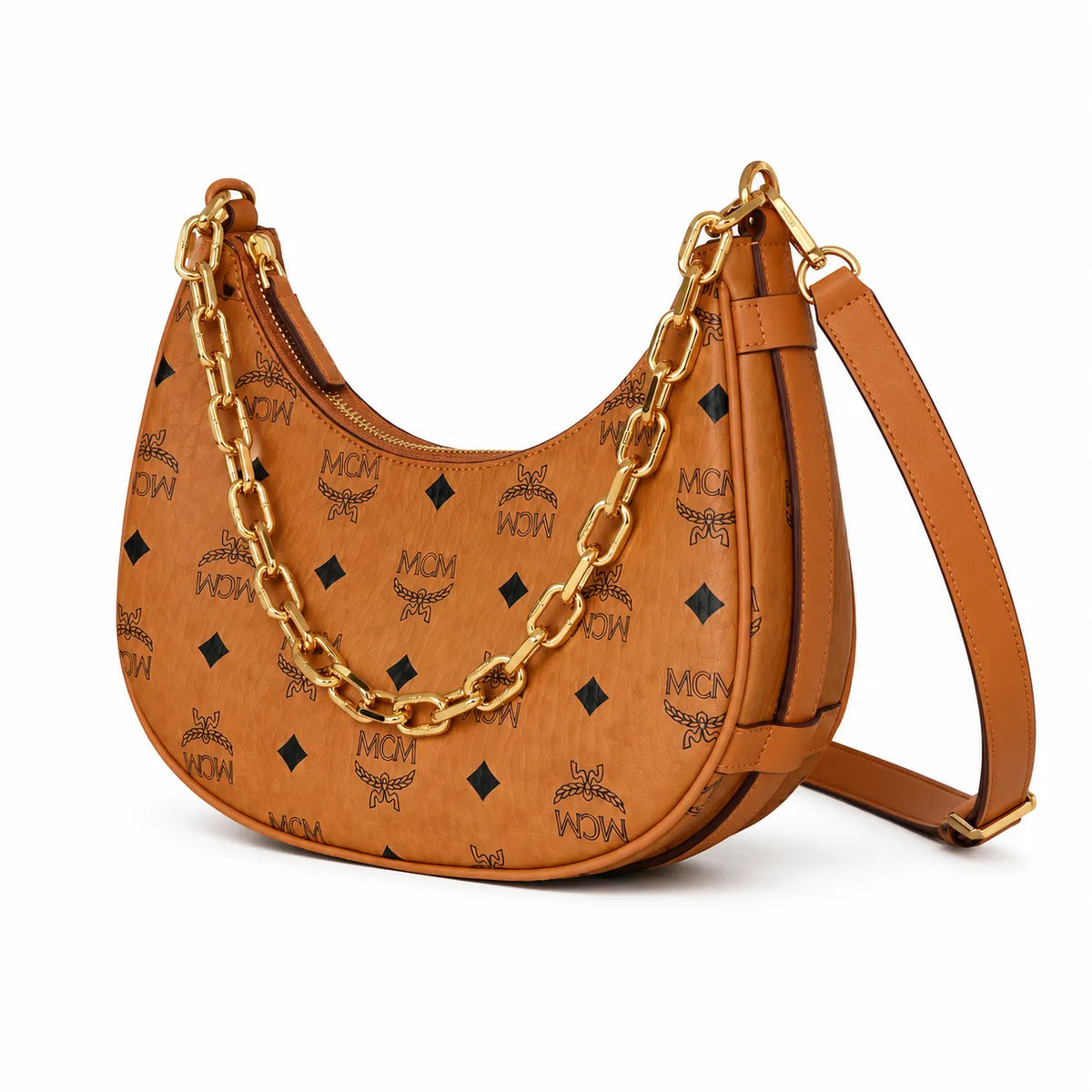 MCM Visetos Half Moon Shoulder Bag | Cognac Monogram with Chunky Gold Chain & Detachable Leather Strap