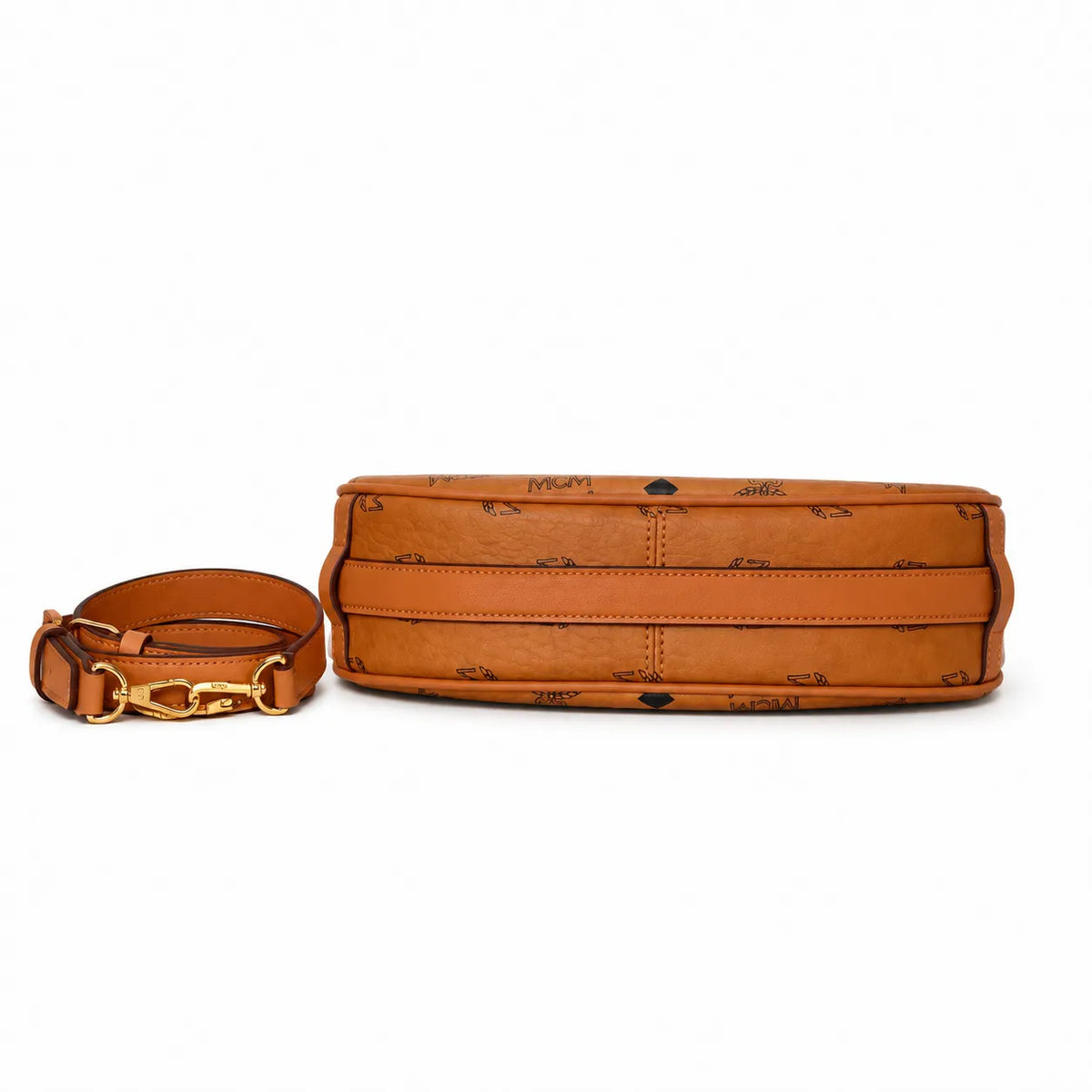 MCM Visetos Half Moon Shoulder Bag | Cognac Monogram with Chunky Gold Chain & Detachable Leather Strap
