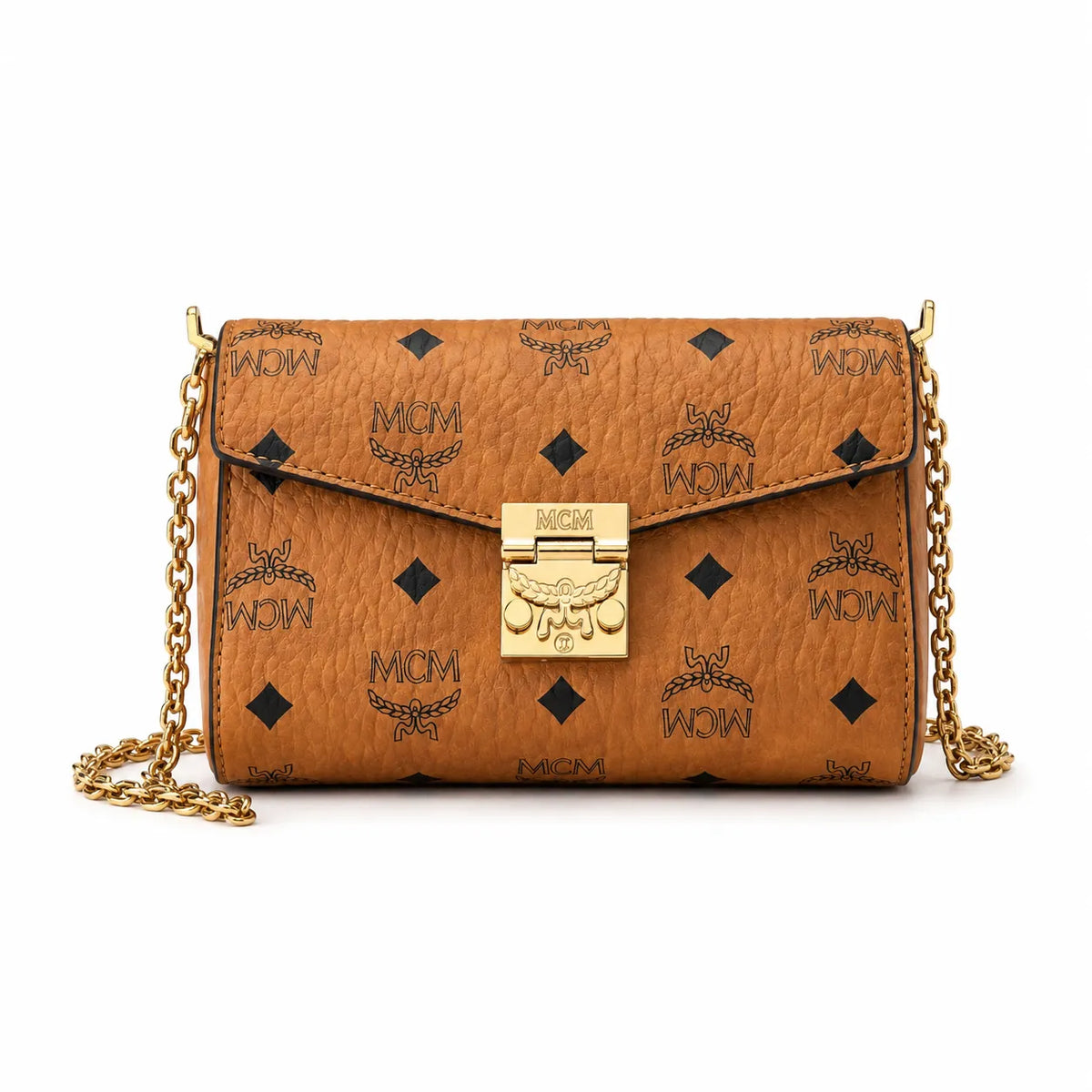 MCM Envelope Shoulder Bag | Cognac Visetos Leather with Gold Chain & Laurel Lock