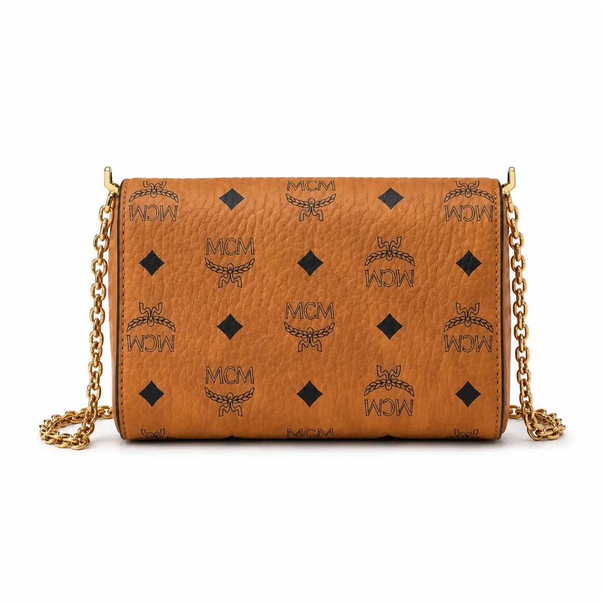 MCM Envelope Shoulder Bag | Cognac Visetos Leather with Gold Chain & Laurel Lock