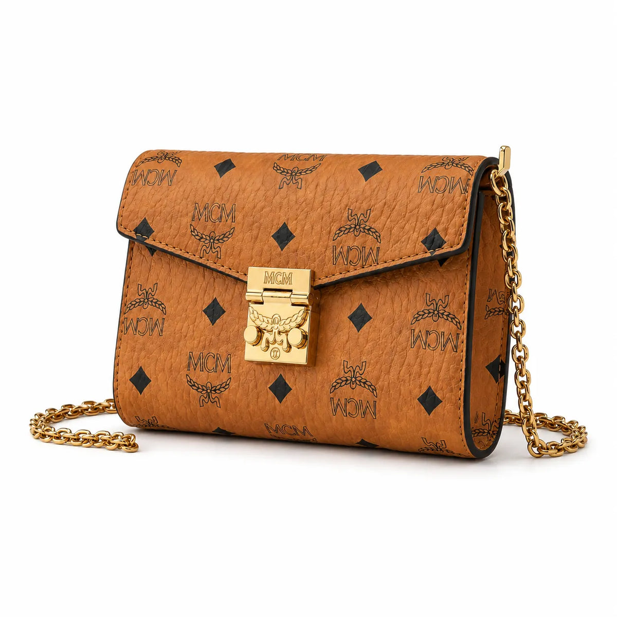 MCM Envelope Shoulder Bag | Cognac Visetos Leather with Gold Chain & Laurel Lock