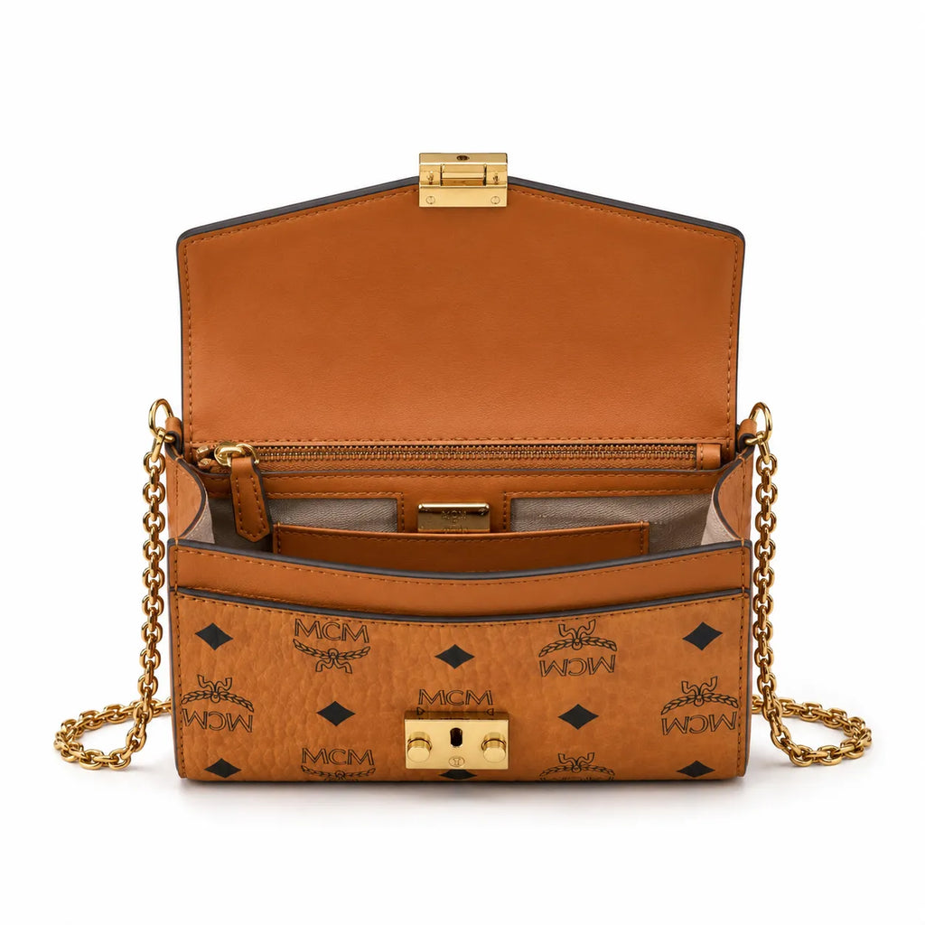 MCM Envelope Shoulder Bag | Cognac Visetos Leather with Gold Chain & Laurel Lock