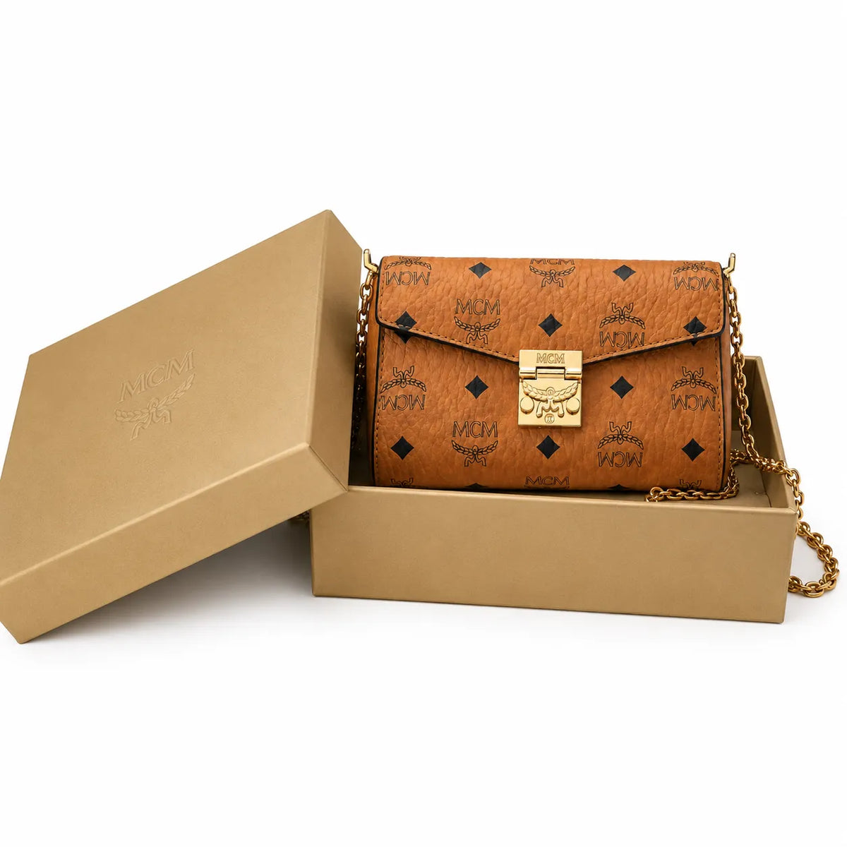 MCM Envelope Shoulder Bag | Cognac Visetos Leather with Gold Chain & Laurel Lock