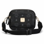 MCM Klassik Camera Bag | Black Visetos Mini Crossbody with Gold Plaque & Fabric Strap