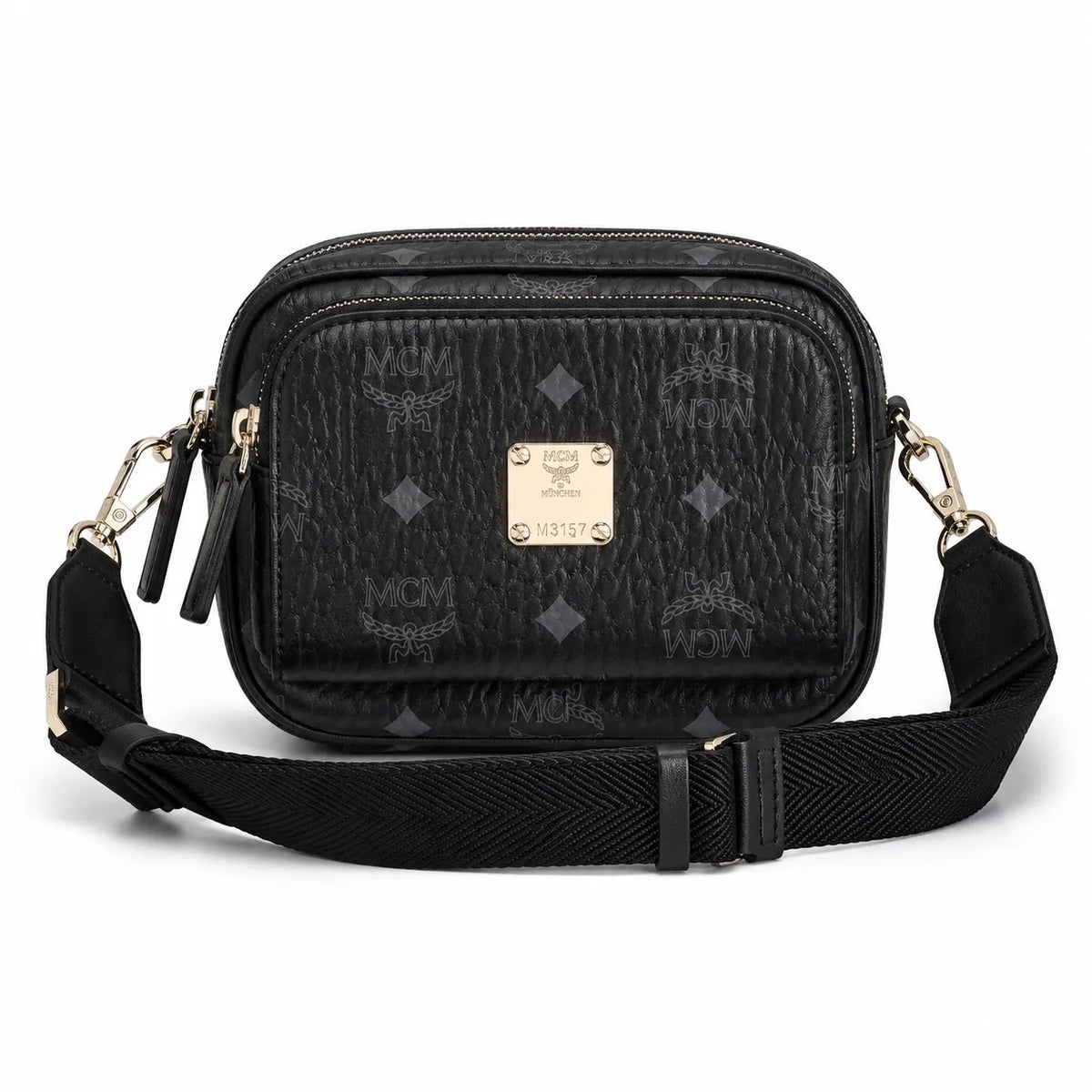 MCM Klassik Camera Bag | Black Visetos Mini Crossbody with Gold Plaque & Fabric Strap