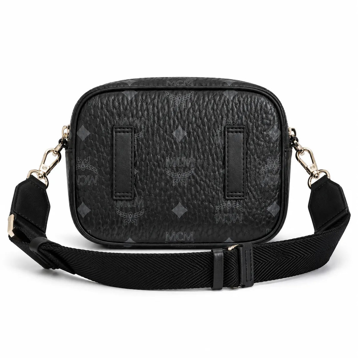 MCM Klassik Camera Bag | Black Visetos Mini Crossbody with Gold Plaque & Fabric Strap