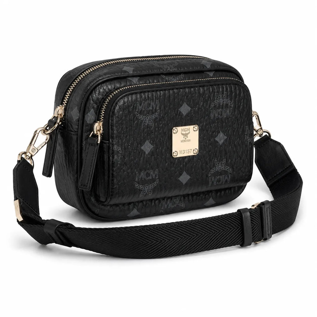 MCM Klassik Camera Bag | Black Visetos Mini Crossbody with Gold Plaque & Fabric Strap