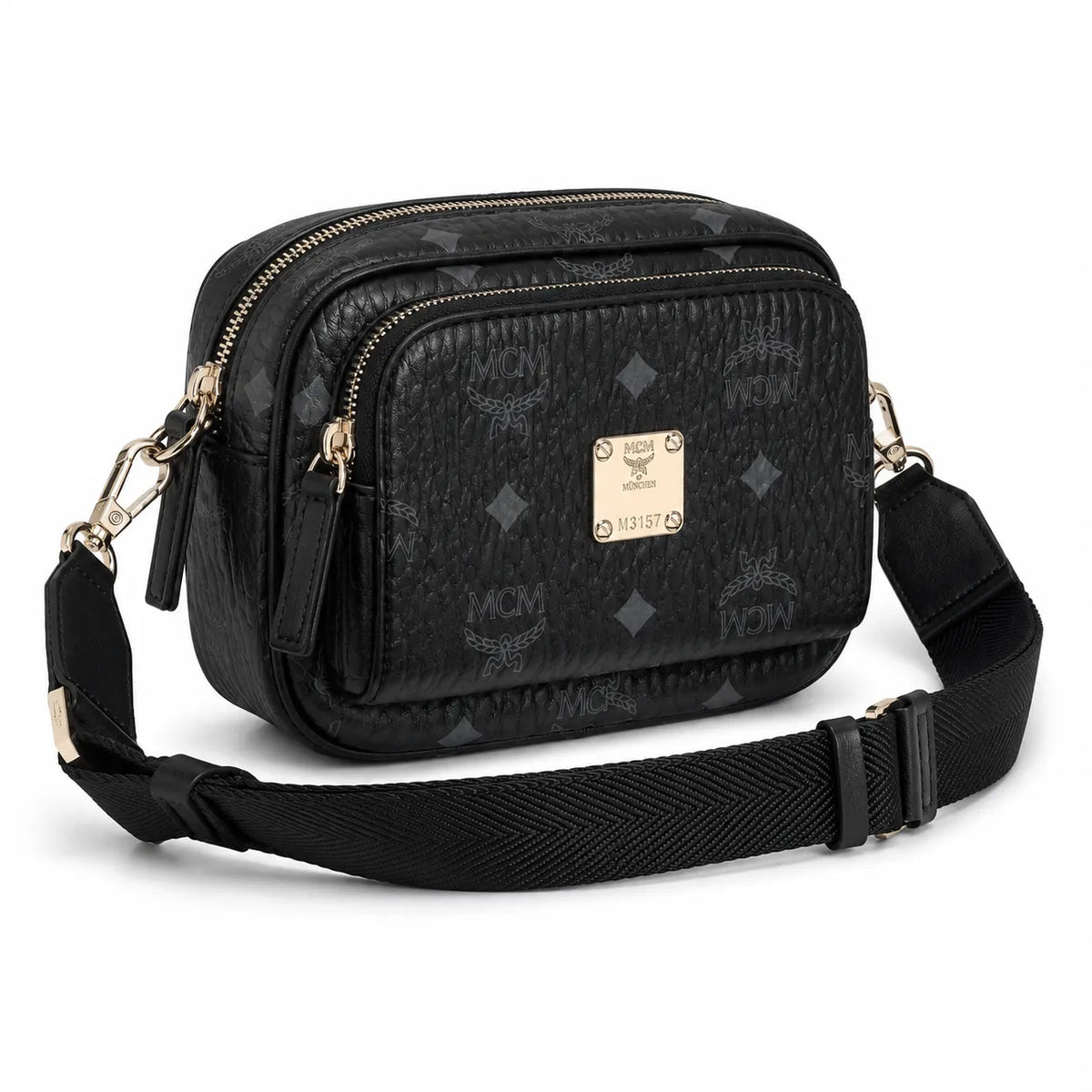 MCM Klassik Camera Bag | Black Visetos Mini Crossbody with Gold Plaque & Fabric Strap
