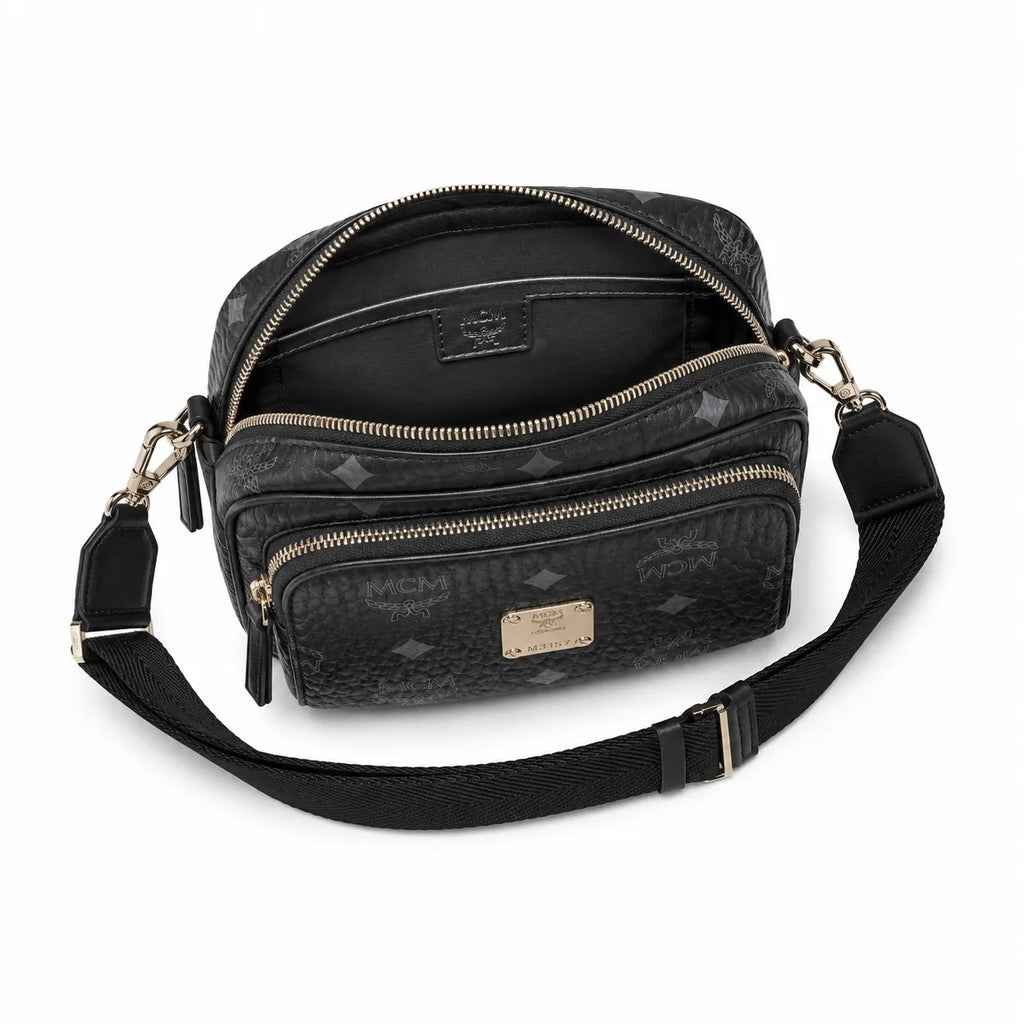MCM Klassik Camera Bag | Black Visetos Mini Crossbody with Gold Plaque & Fabric Strap