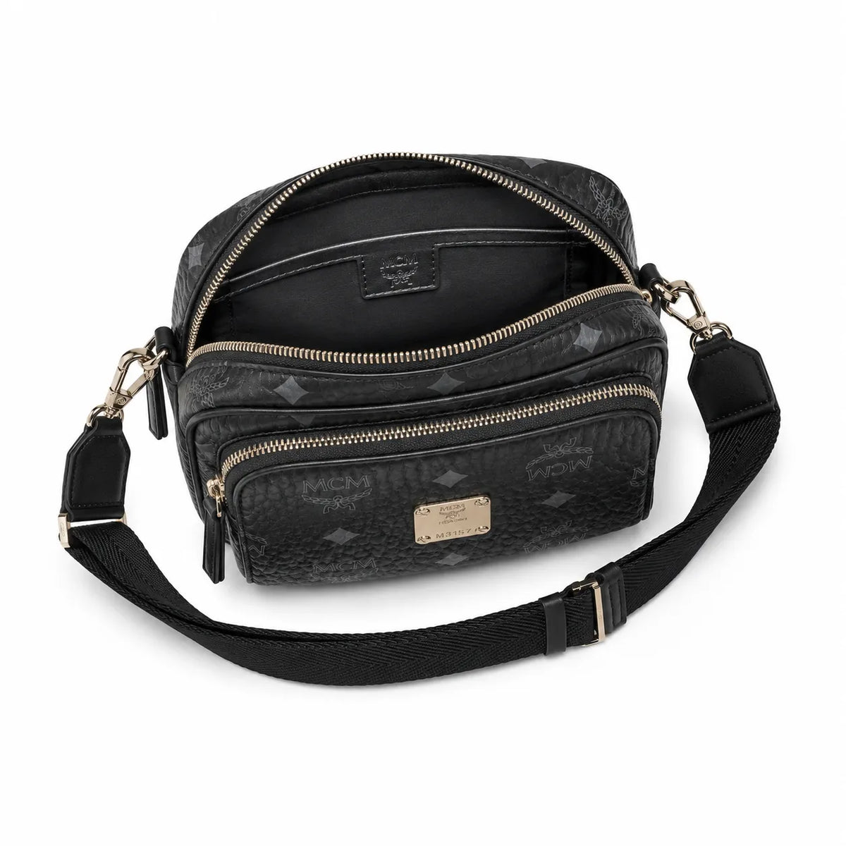 MCM Klassik Camera Bag | Black Visetos Mini Crossbody with Gold Plaque & Fabric Strap