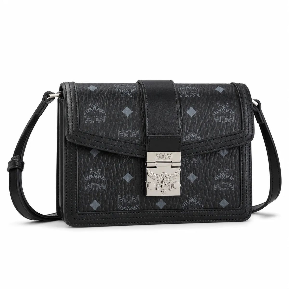MCM Tracy Small Crossbody Bag | Black Visetos Flap Shoulder Bag with Silver Laurel Lock