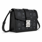 MCM Tracy Small Crossbody Bag | Black Visetos Flap Shoulder Bag with Silver Laurel Lock