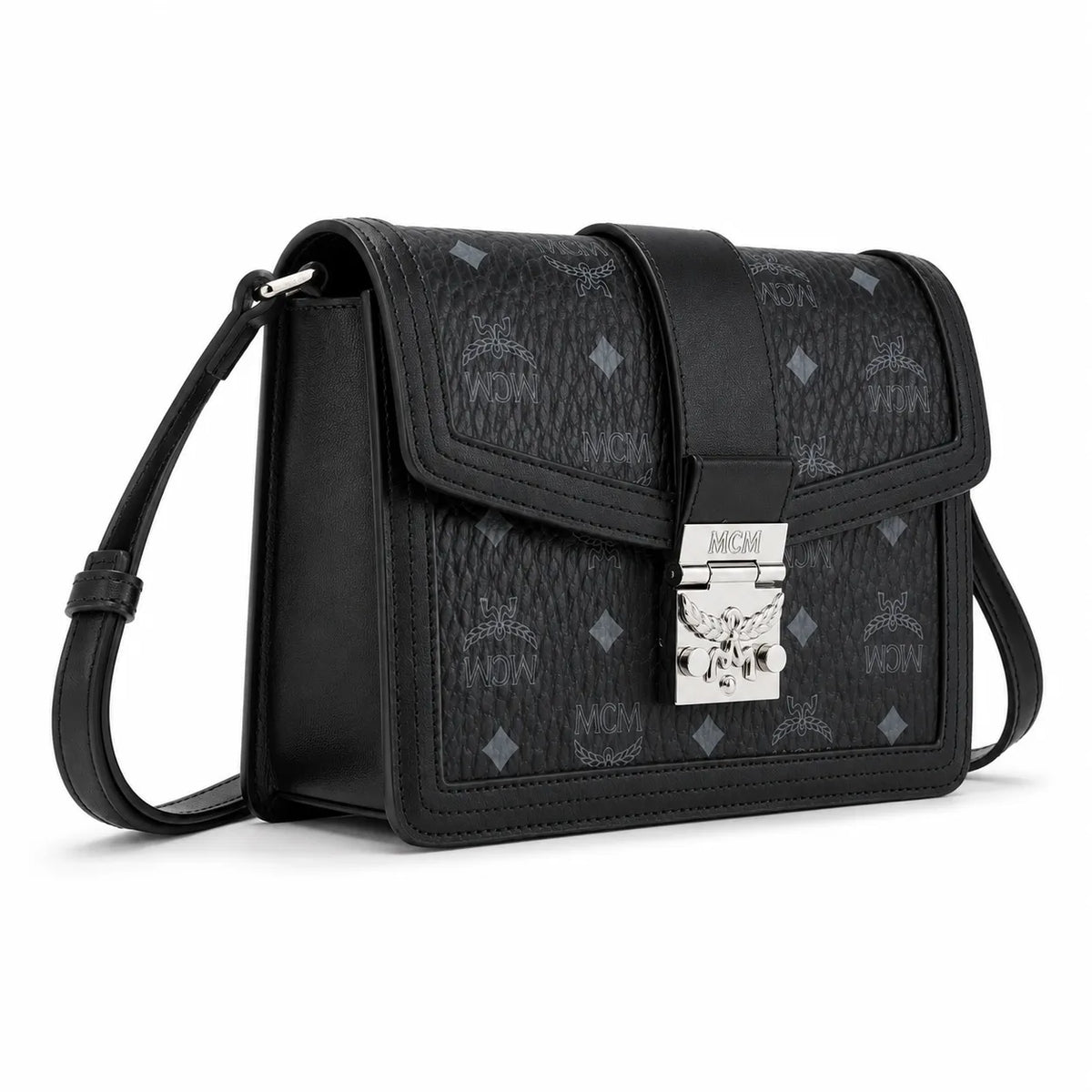 MCM Tracy Small Crossbody Bag | Black Visetos Flap Shoulder Bag with Silver Laurel Lock