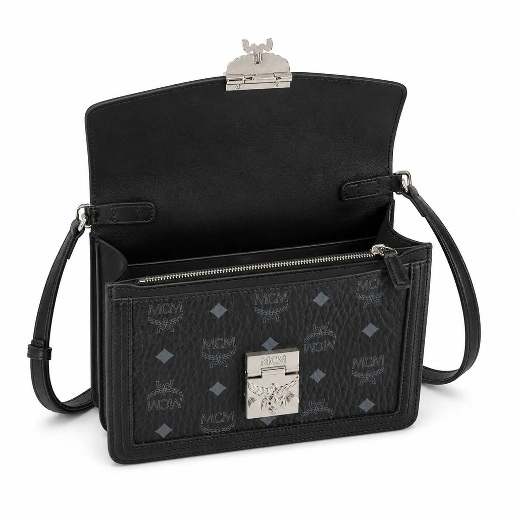 MCM Tracy Small Crossbody Bag | Black Visetos Flap Shoulder Bag with Silver Laurel Lock