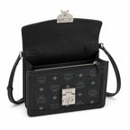 MCM Tracy Small Crossbody Bag | Black Visetos Flap Shoulder Bag with Silver Laurel Lock