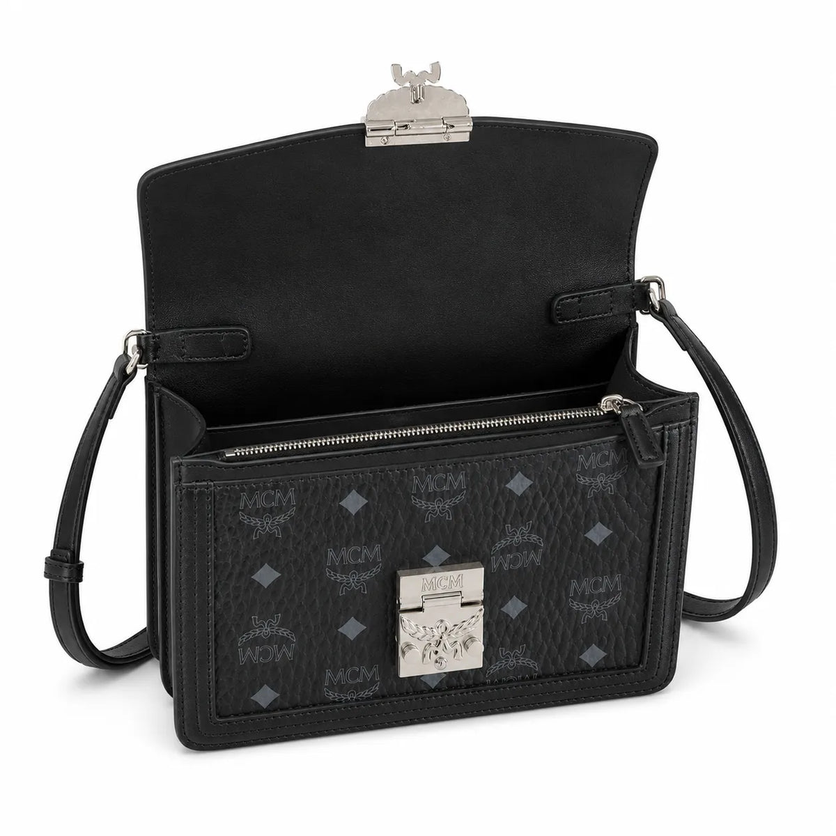 MCM Tracy Small Crossbody Bag | Black Visetos Flap Shoulder Bag with Silver Laurel Lock