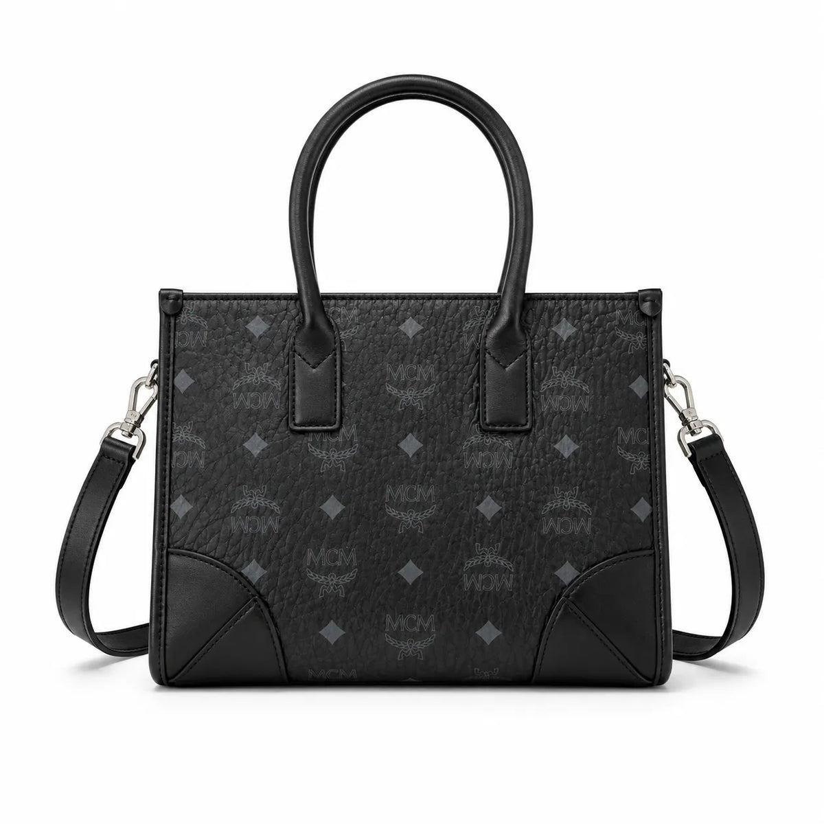 MCM München Tote Bag | Black Visetos Small Handbag with Detachable Shoulder Strap