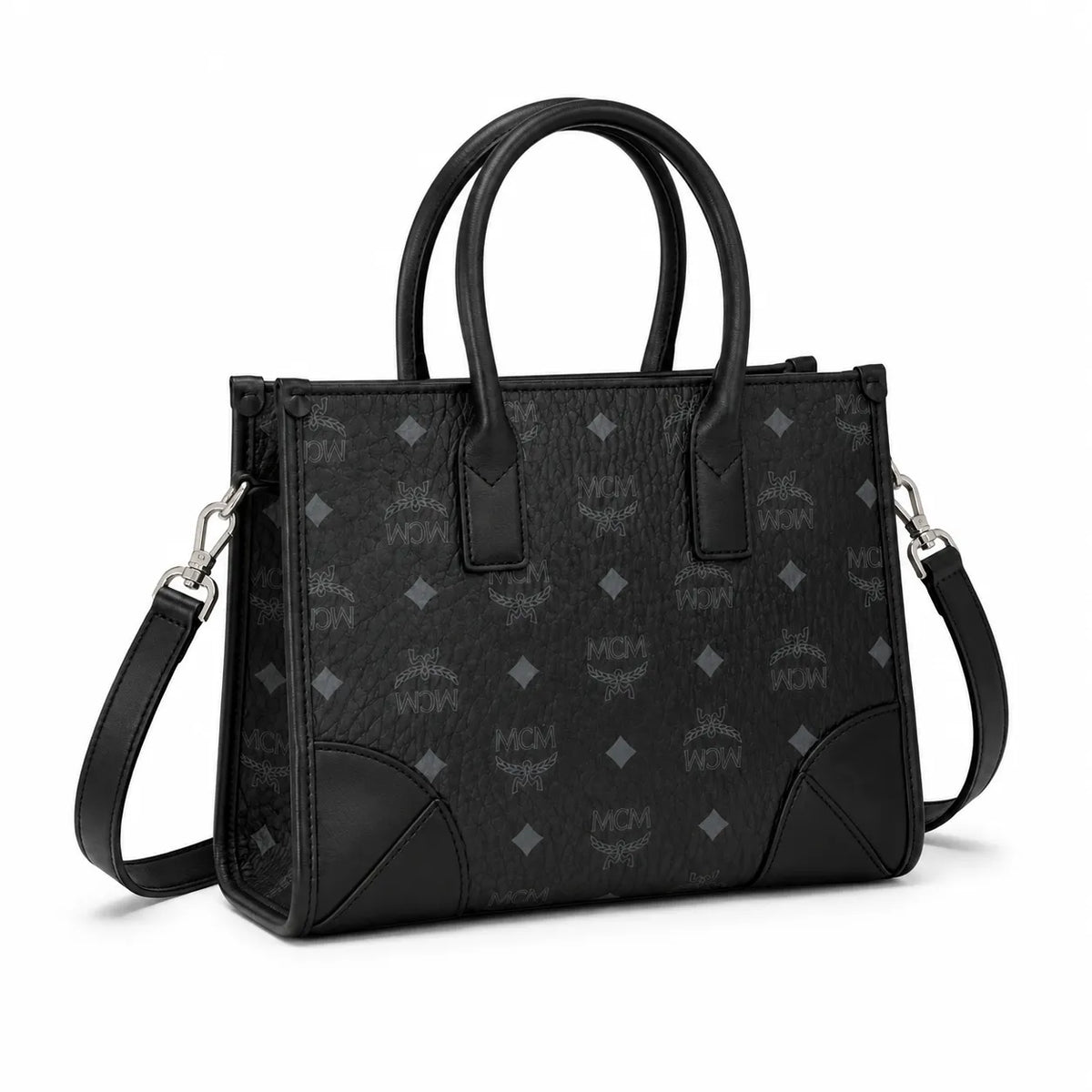 MCM München Tote Bag | Black Visetos Small Handbag with Detachable Shoulder Strap