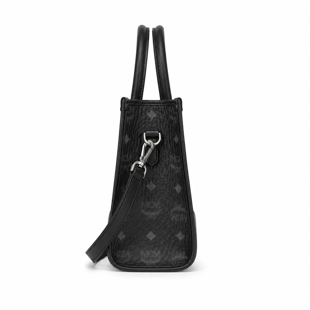 MCM München Tote Bag | Black Visetos Small Handbag with Detachable Shoulder Strap