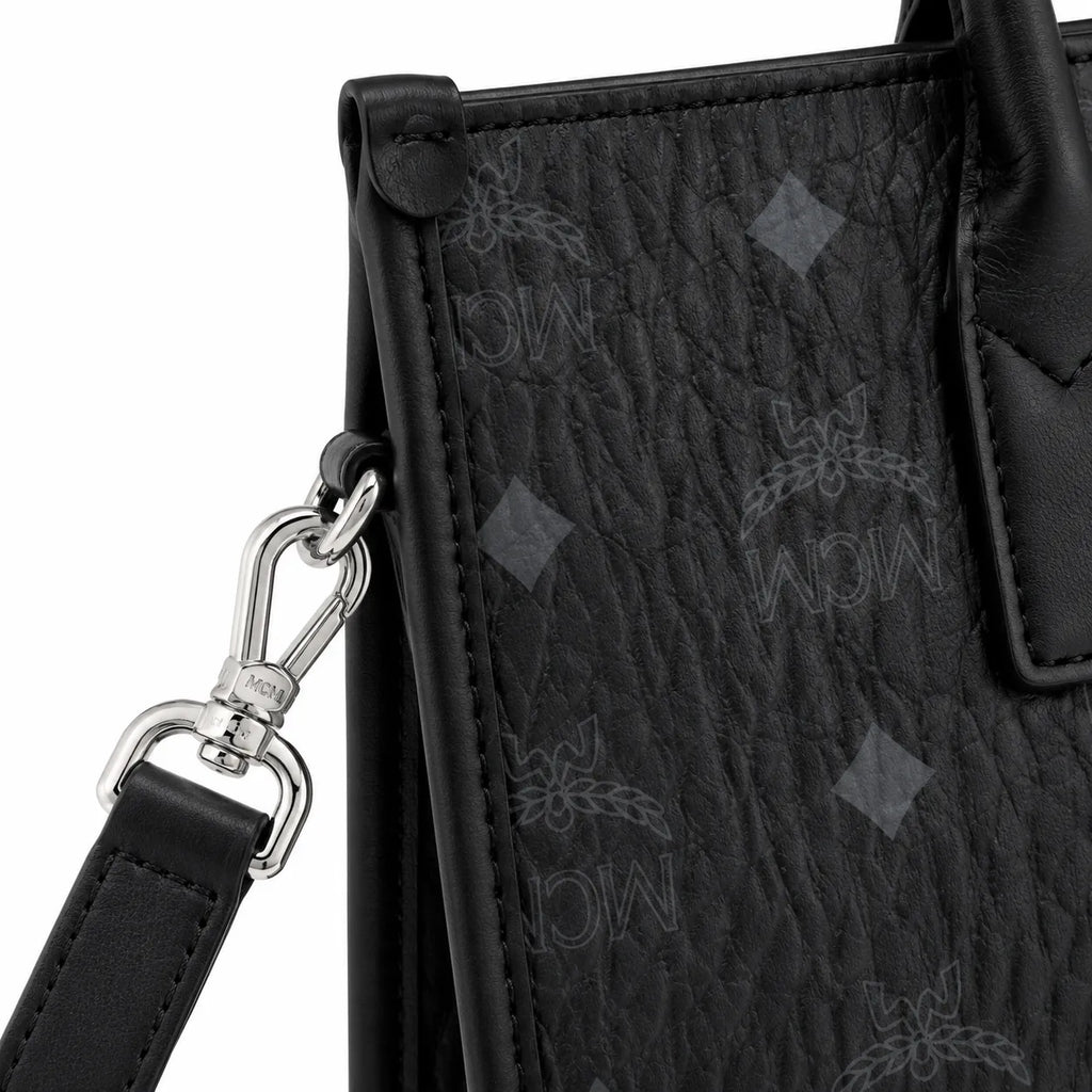 MCM München Tote Bag | Black Visetos Small Handbag with Detachable Shoulder Strap