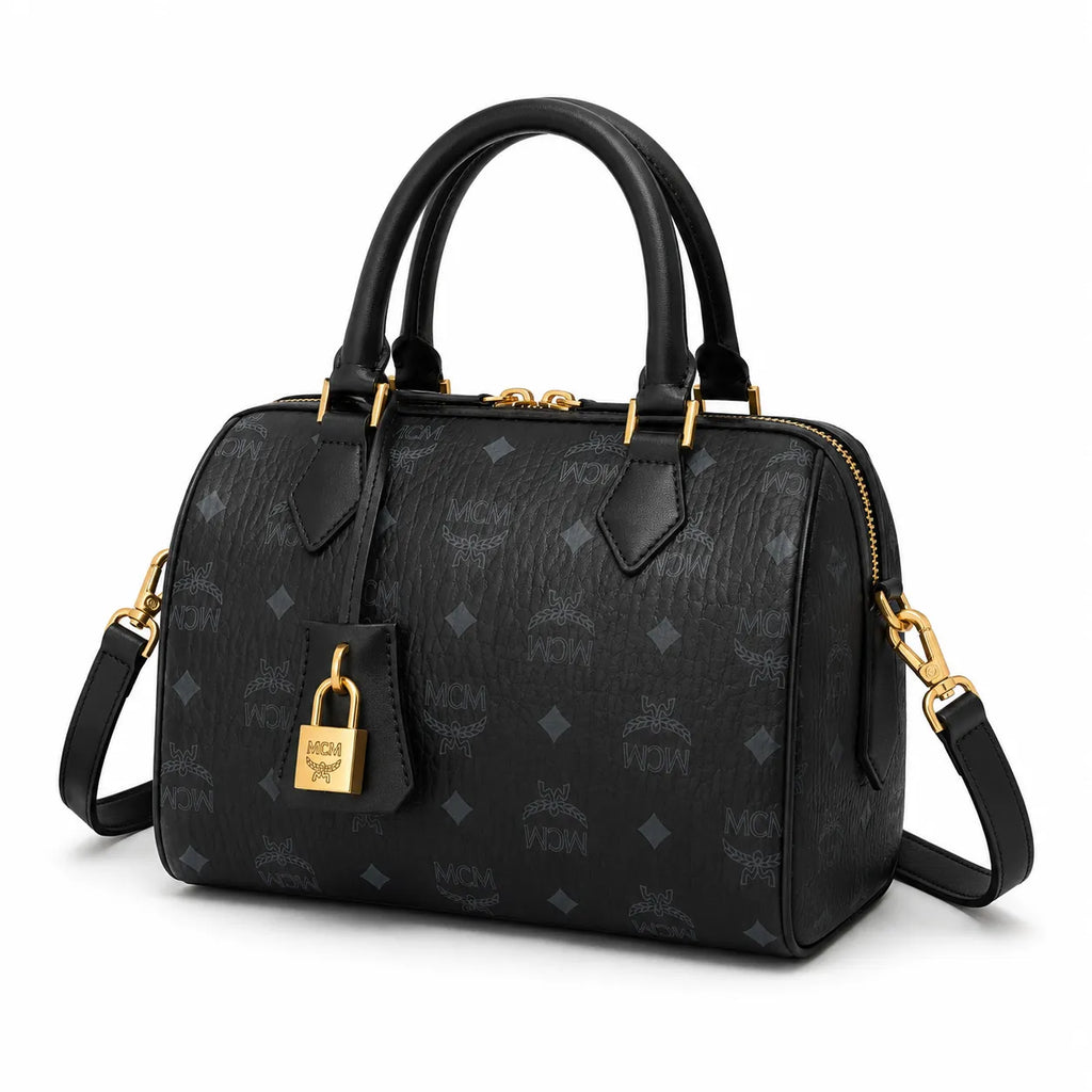 MCM Boston Barrel Bag | Black Visetos Leather Duffle Handbag with Gold Padlock