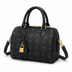 MCM Boston Barrel Bag | Black Visetos Leather Duffle Handbag with Gold Padlock