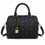 MCM Boston Barrel Bag | Black Visetos Leather Duffle Handbag with Gold Padlock
