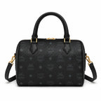 MCM Boston Barrel Bag | Black Visetos Leather Duffle Handbag with Gold Padlock