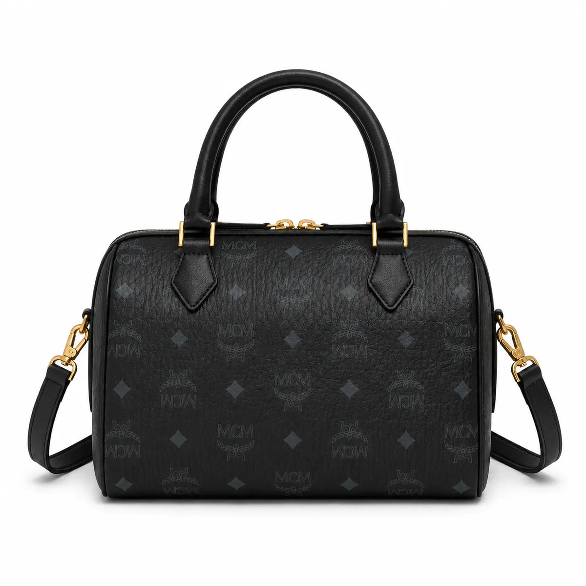 MCM Boston Barrel Bag | Black Visetos Leather Duffle Handbag with Gold Padlock