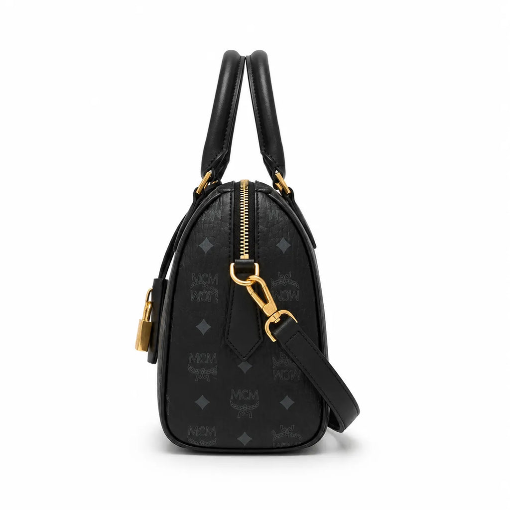 MCM Boston Barrel Bag | Black Visetos Leather Duffle Handbag with Gold Padlock