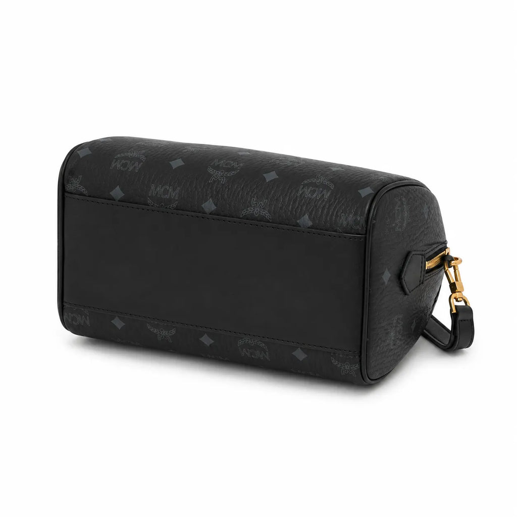 MCM Boston Barrel Bag | Black Visetos Leather Duffle Handbag with Gold Padlock
