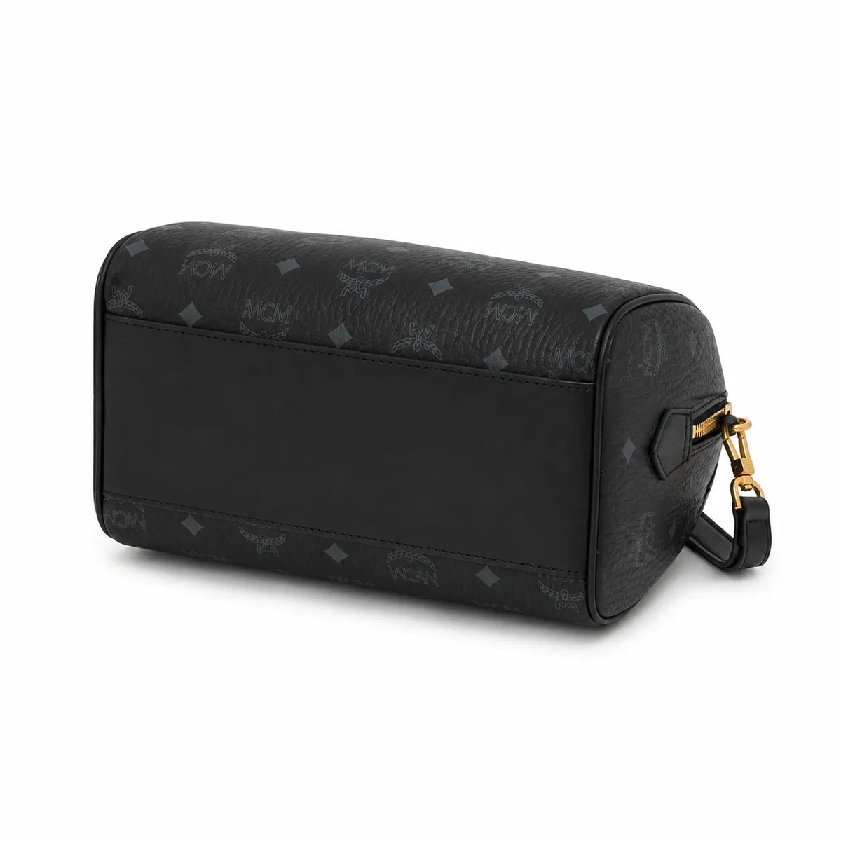 MCM Boston Barrel Bag | Black Visetos Leather Duffle Handbag with Gold Padlock