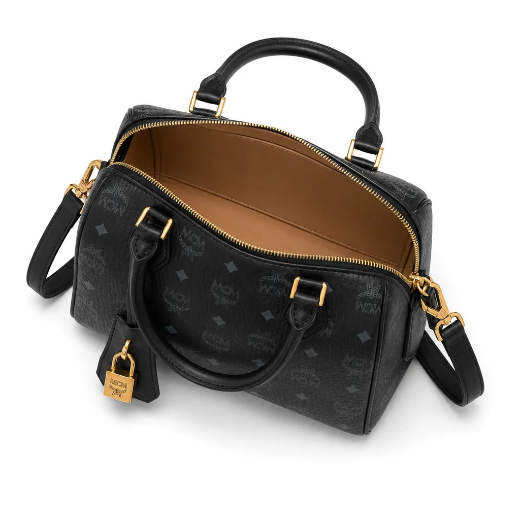 MCM Boston Barrel Bag | Black Visetos Leather Duffle Handbag with Gold Padlock