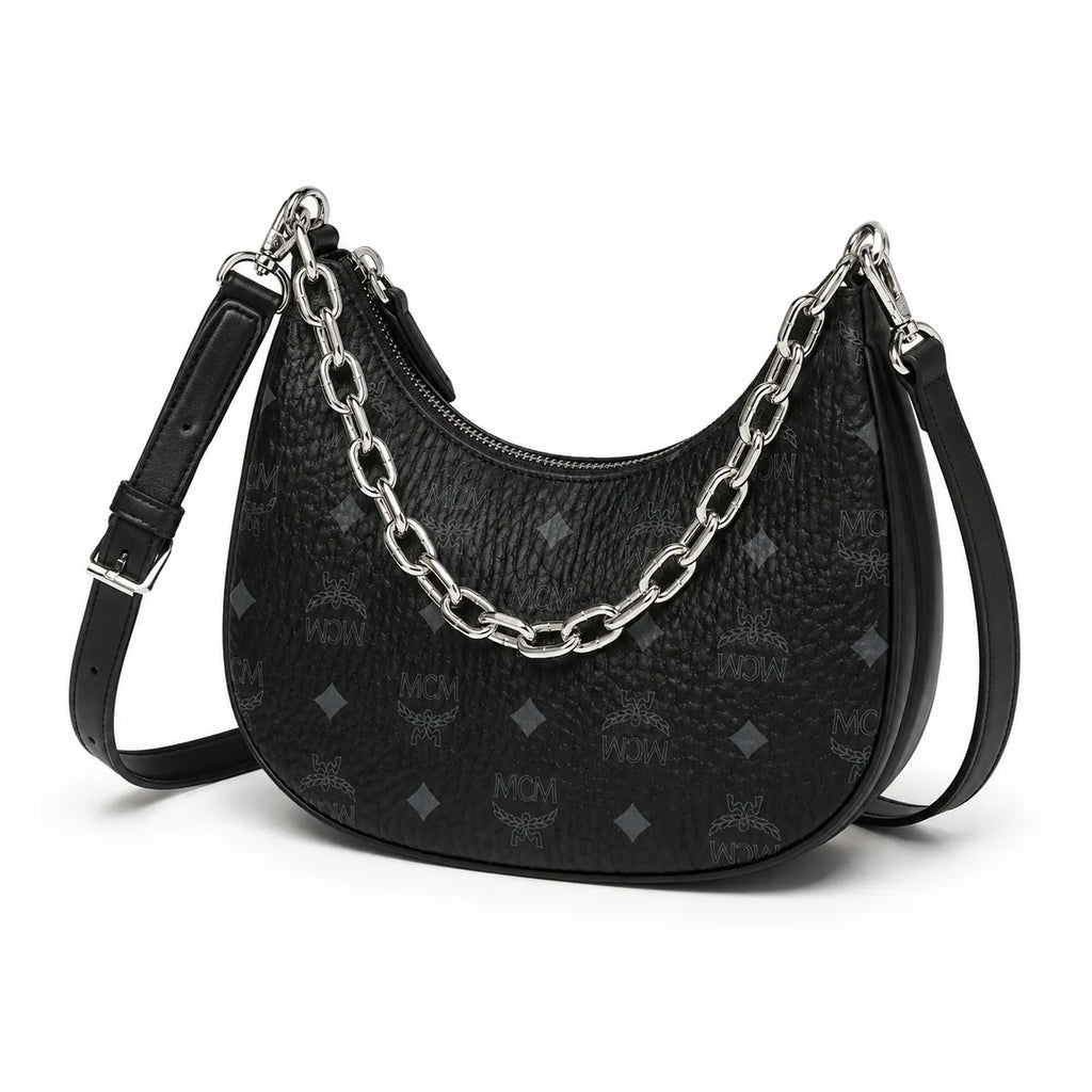 MCM Visetos Half Moon Bag | All-Black Monogram with Silver Chunky Chain & Leather Strap