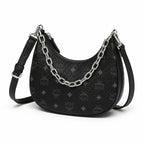 MCM Visetos Half Moon Bag | All-Black Monogram with Silver Chunky Chain & Leather Strap
