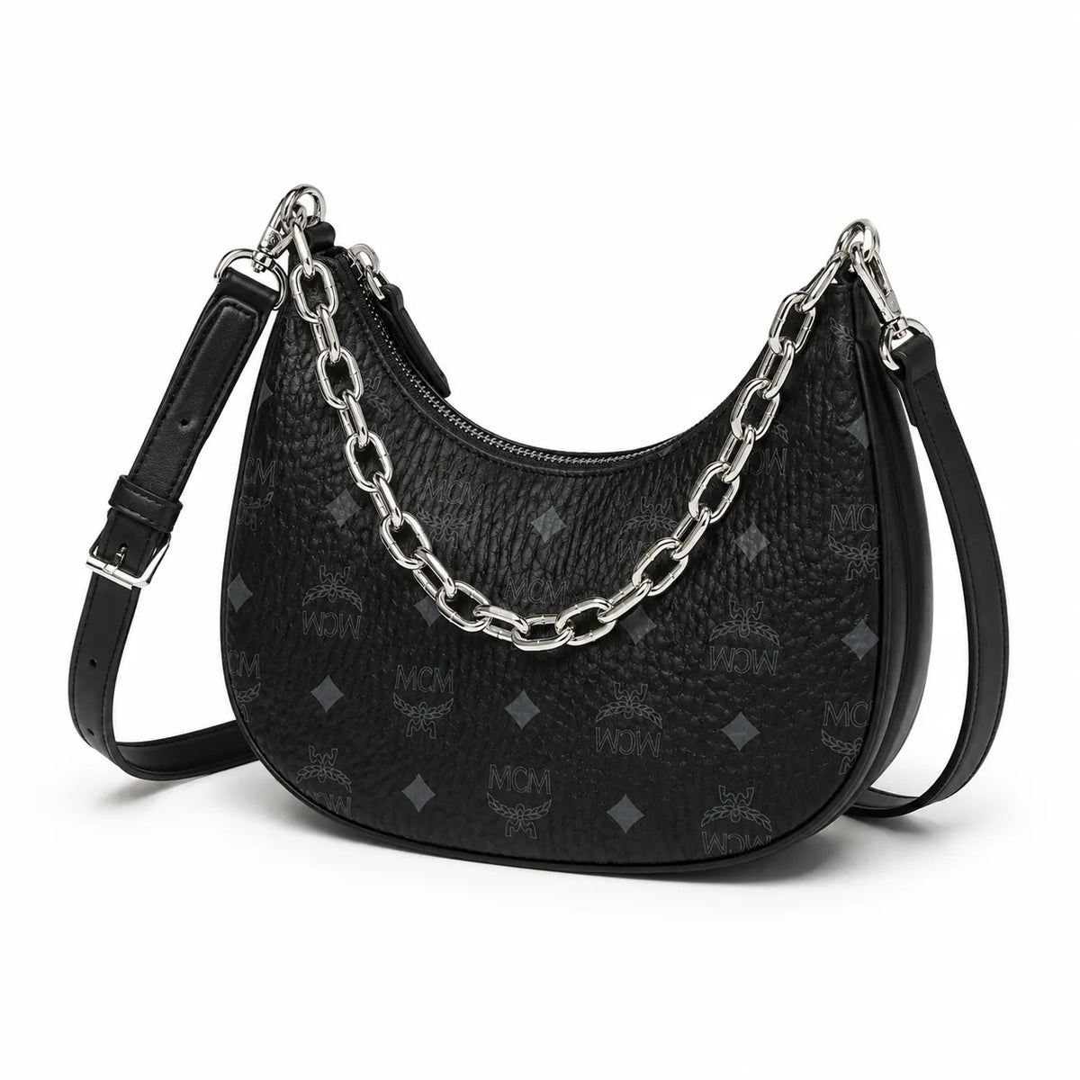 MCM Visetos Half Moon Bag | All-Black Monogram with Silver Chunky Chain & Leather Strap