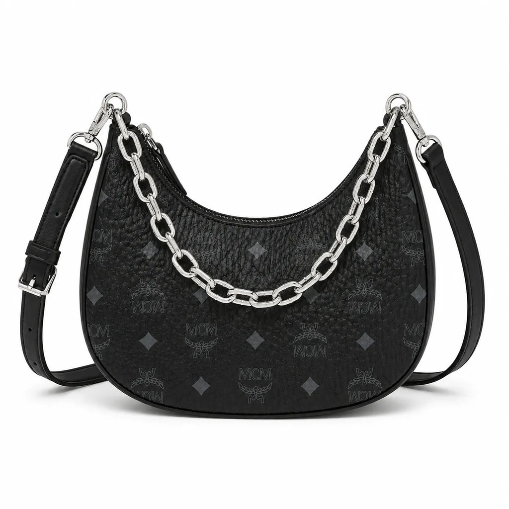 MCM Visetos Half Moon Bag | All-Black Monogram with Silver Chunky Chain & Leather Strap