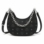 MCM Visetos Half Moon Bag | All-Black Monogram with Silver Chunky Chain & Leather Strap