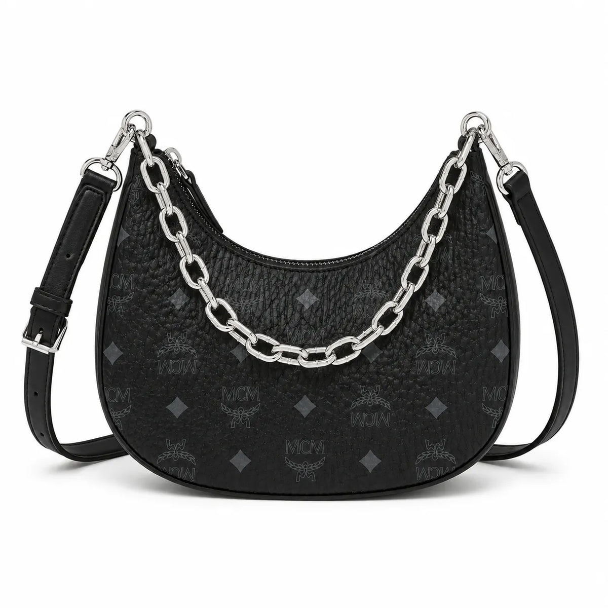 MCM Visetos Half Moon Bag | All-Black Monogram with Silver Chunky Chain & Leather Strap