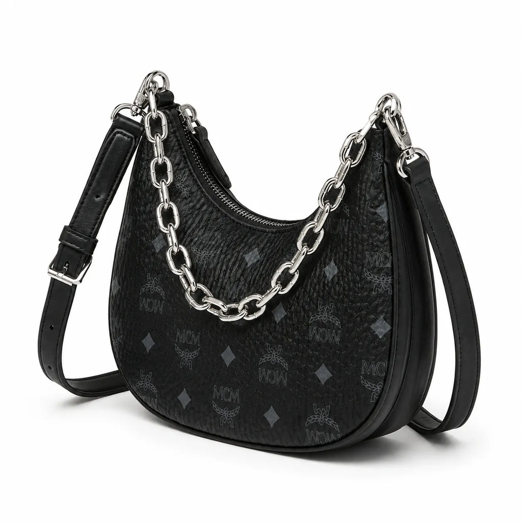 MCM Visetos Half Moon Bag | All-Black Monogram with Silver Chunky Chain & Leather Strap