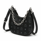 MCM Visetos Half Moon Bag | All-Black Monogram with Silver Chunky Chain & Leather Strap