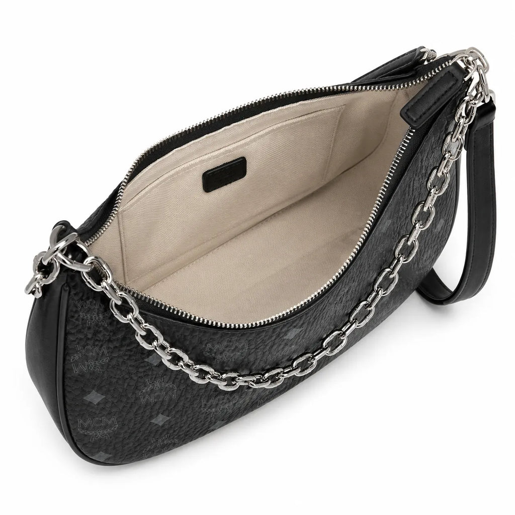 MCM Visetos Half Moon Bag | All-Black Monogram with Silver Chunky Chain & Leather Strap