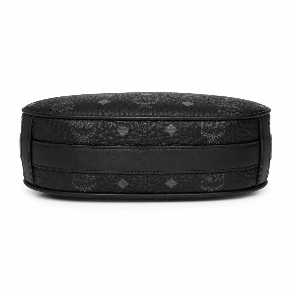 MCM Visetos Half Moon Bag | All-Black Monogram with Silver Chunky Chain & Leather Strap