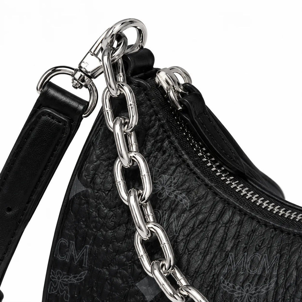 MCM Visetos Half Moon Bag | All-Black Monogram with Silver Chunky Chain & Leather Strap