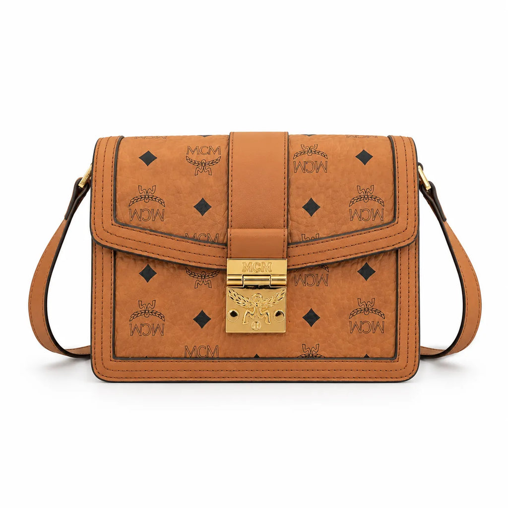 MCM Tracy Flap Shoulder Bag | Cognac Visetos Monogram with Gold Laurel Lock