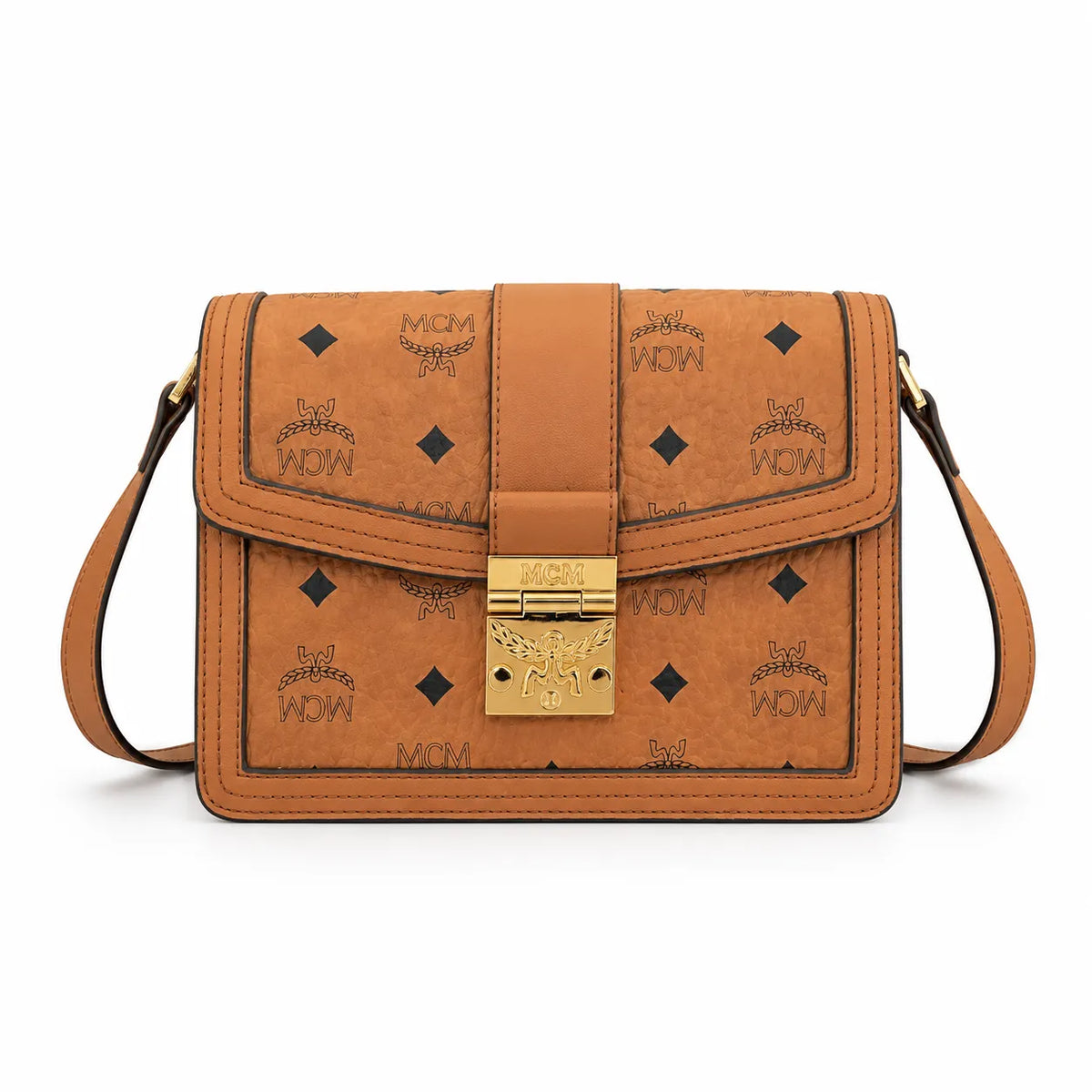 MCM Tracy Flap Shoulder Bag | Cognac Visetos Monogram with Gold Laurel Lock