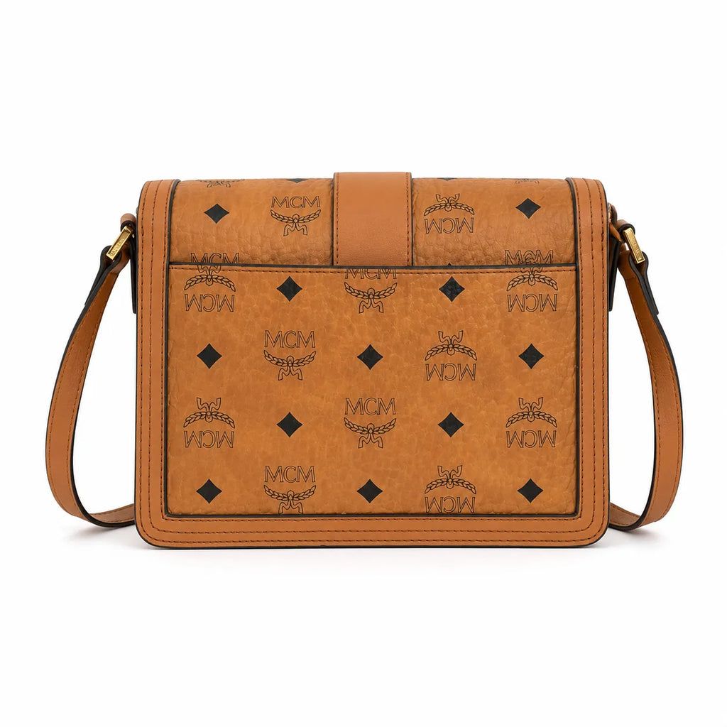 MCM Tracy Flap Shoulder Bag | Cognac Visetos Monogram with Gold Laurel Lock