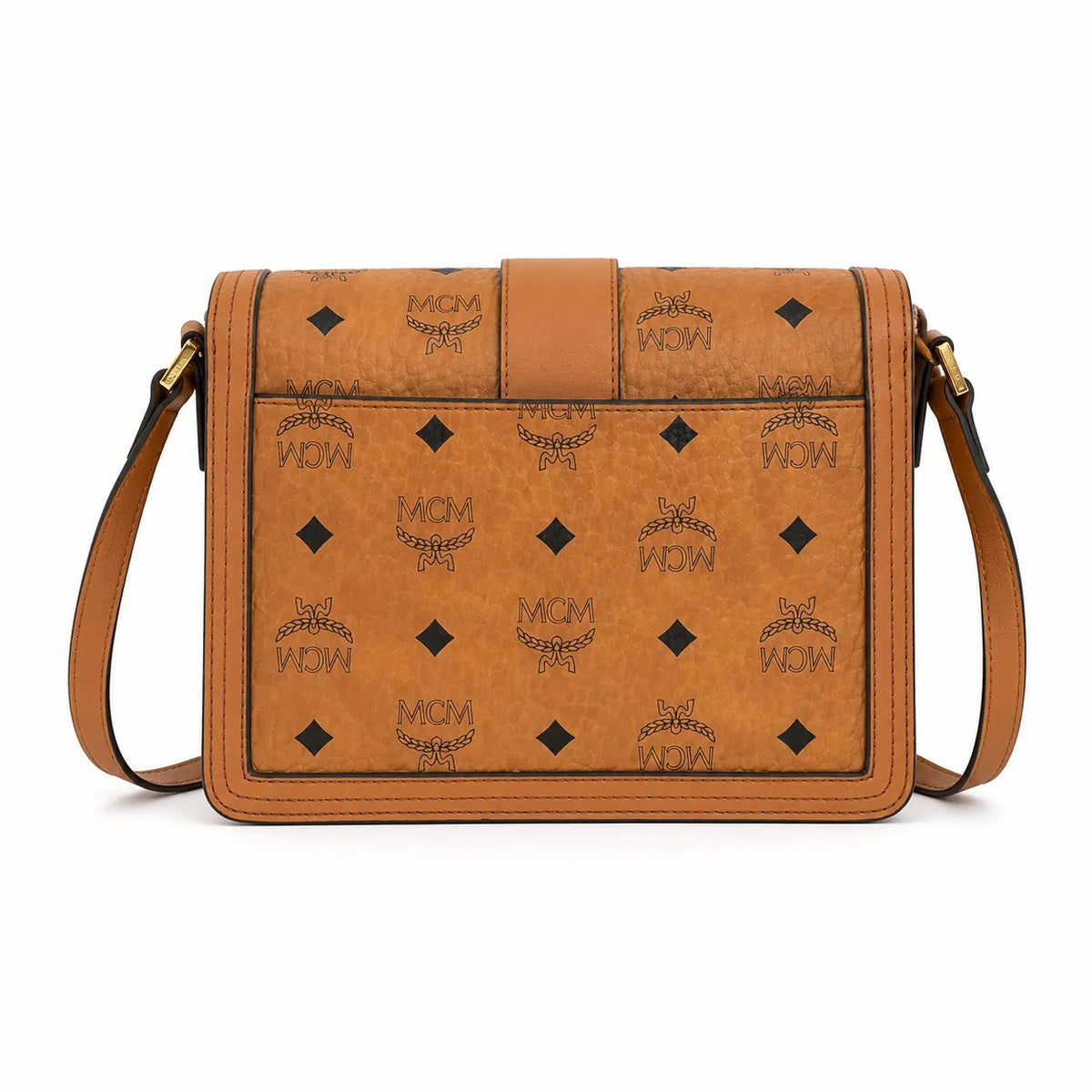 MCM Tracy Flap Shoulder Bag | Cognac Visetos Monogram with Gold Laurel Lock